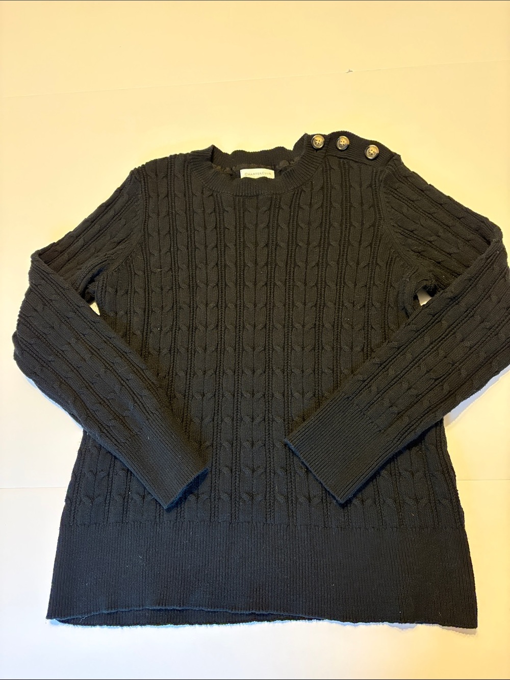 Charter Club Black Cable-Knit Crew Sweater with Shoulder Buttons